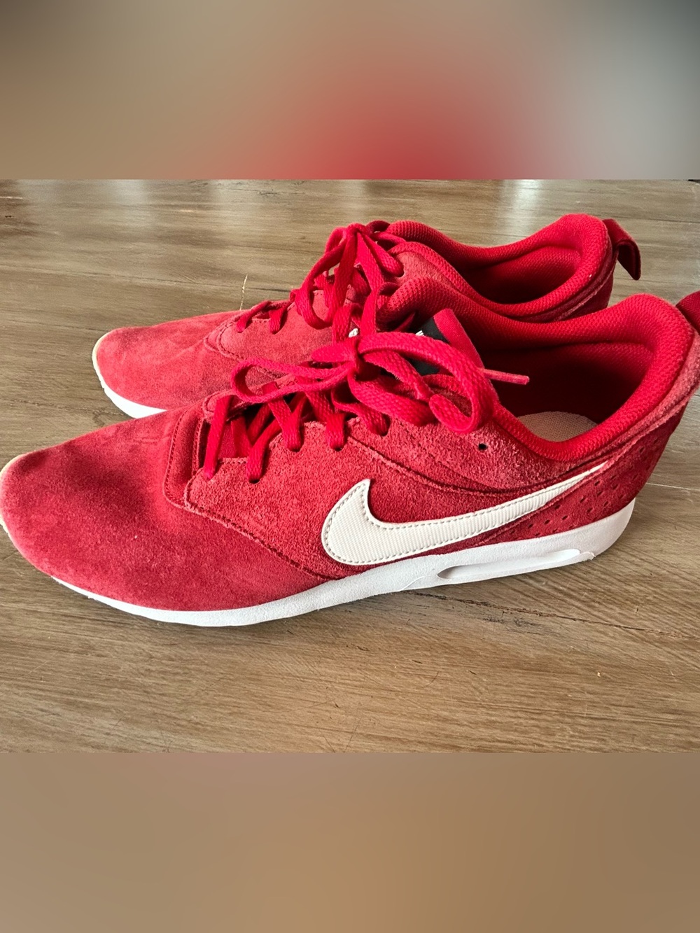 Nike Air Max Tavas Red Suede Sneakers with White Swoosh and White Sole